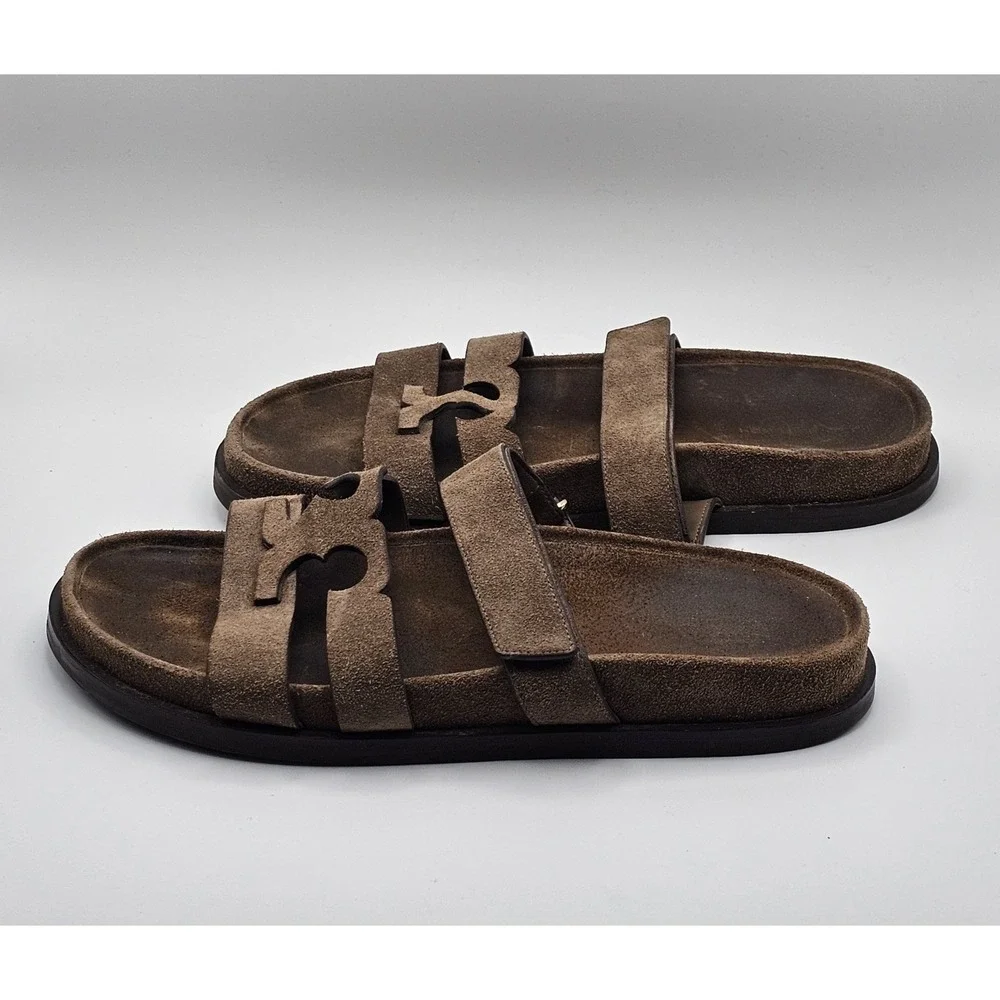 Tory Burch Ines Suede Leather Sport Slide Sandal Size 10 Brown Hook Loop Straps
